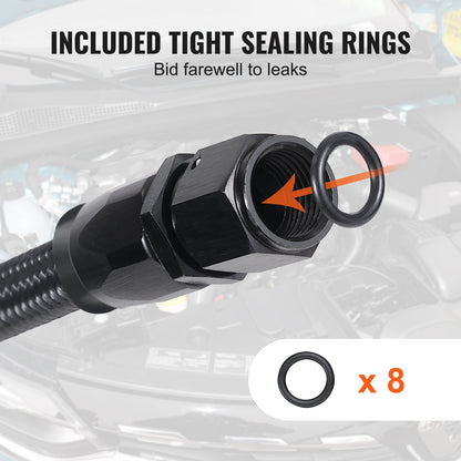 6AN Fuel Line Kit, 25 FT Fuel Hose Kit, 5/16" Nylon, Stainless Steel Braided PTFE Fuel Line Kit, E85/Oil/Gas/Diesel Hose End Fitting Kit, with 15pcs Swivel Adapter Kit, Black