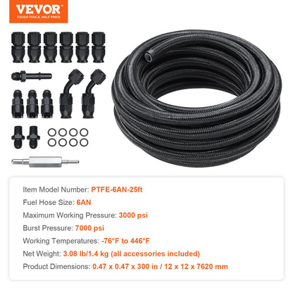 6AN Fuel Line Kit, 25 FT Fuel Hose Kit, 5/16" Nylon, Stainless Steel Braided PTFE Fuel Line Kit, E85/Oil/Gas/Diesel Hose End Fitting Kit, with 15pcs Swivel Adapter Kit, Black