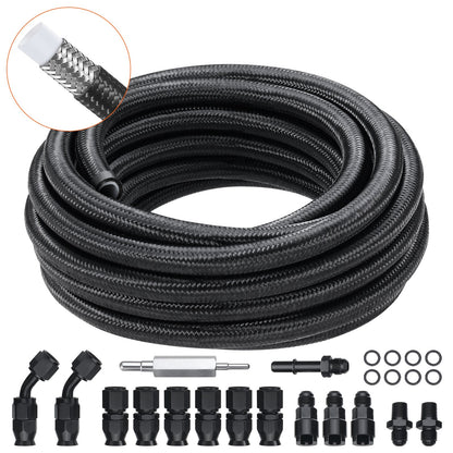 6AN Fuel Line Kit, 25 FT Fuel Hose Kit, 5/16" Nylon, Stainless Steel Braided PTFE Fuel Line Kit, E85/Oil/Gas/Diesel Hose End Fitting Kit, with 15pcs Swivel Adapter Kit, Black
