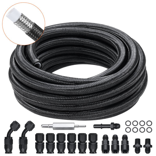 6AN Fuel Line Kit, 25 FT Fuel Hose Kit, 5/16" Nylon, Stainless Steel Braided PTFE Fuel Line Kit, E85/Oil/Gas/Diesel Hose End Fitting Kit, with 15pcs Swivel Adapter Kit, Black