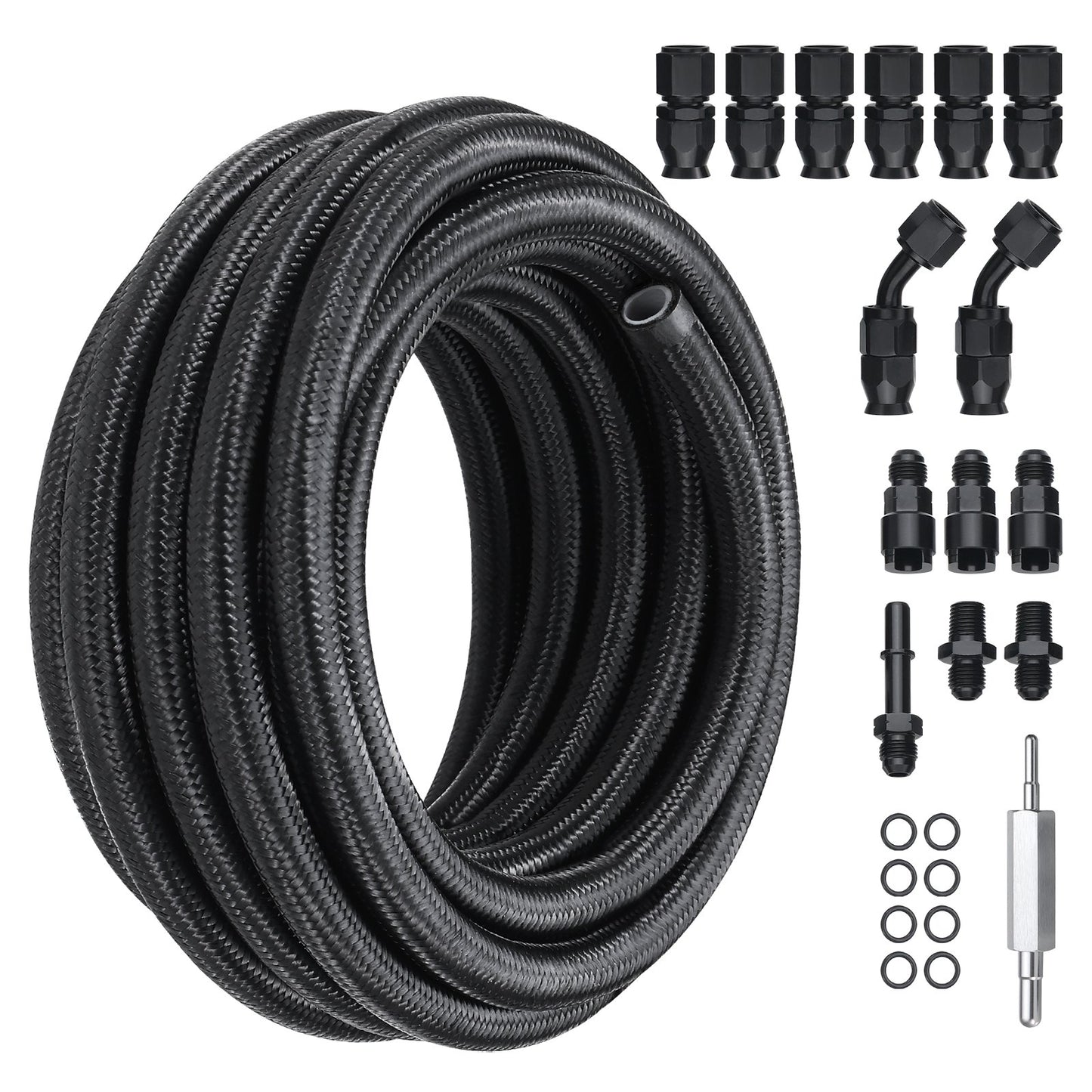 6AN Fuel Line Kit, 25 FT Fuel Hose Kit, 5/16" Nylon, Stainless Steel Braided PTFE Fuel Line Kit, E85/Oil/Gas/Diesel Hose End Fitting Kit, with 15pcs Swivel Adapter Kit, Black