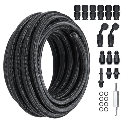 6AN Fuel Line Kit, 25 FT Fuel Hose Kit, 5/16" Nylon, Stainless Steel Braided PTFE Fuel Line Kit, E85/Oil/Gas/Diesel Hose End Fitting Kit, with 15pcs Swivel Adapter Kit, Black