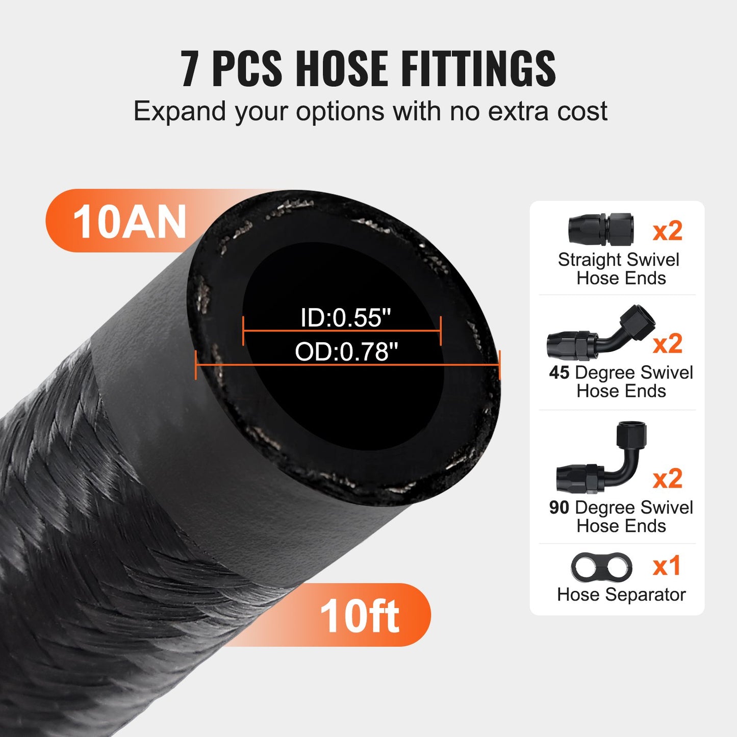10AN-Kraftstoffleitungssatz, 10 Fuß Kraftstoffschlauchsatz, 0,55 Zoll Nylon, Kraftstoffleitungssatz mit Edelstahlgeflecht für Öl-/Gas-/Diesel-Schlauchende, mit 7-ST-Drehadaptersatz, schwarz
