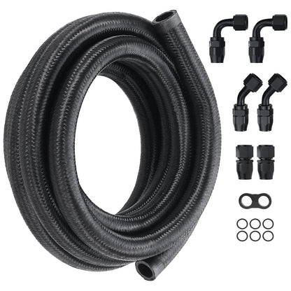 10AN-Kraftstoffleitungssatz, 10 Fuß Kraftstoffschlauchsatz, 0,55 Zoll Nylon, Kraftstoffleitungssatz mit Edelstahlgeflecht für Öl-/Gas-/Diesel-Schlauchende, mit 7-ST-Drehadaptersatz, schwarz