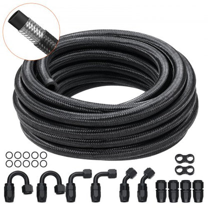 6AN Fuel Line Kit, 20 FT Fuel Hose Kit, 0.34" Nylon Stainless Steel Braided Fuel Line Oil/Gas/Diesel Hose End Fitting Kit, with 12 PCS Swivel Fitting Adapter Kit, Black