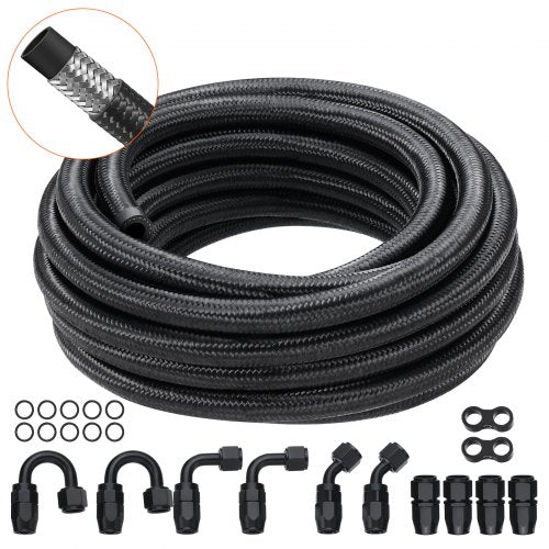 6AN Fuel Line Kit, 20 FT Fuel Hose Kit, 0.34" Nylon Stainless Steel Braided Fuel Line Oil/Gas/Diesel Hose End Fitting Kit, with 12 PCS Swivel Fitting Adapter Kit, Black