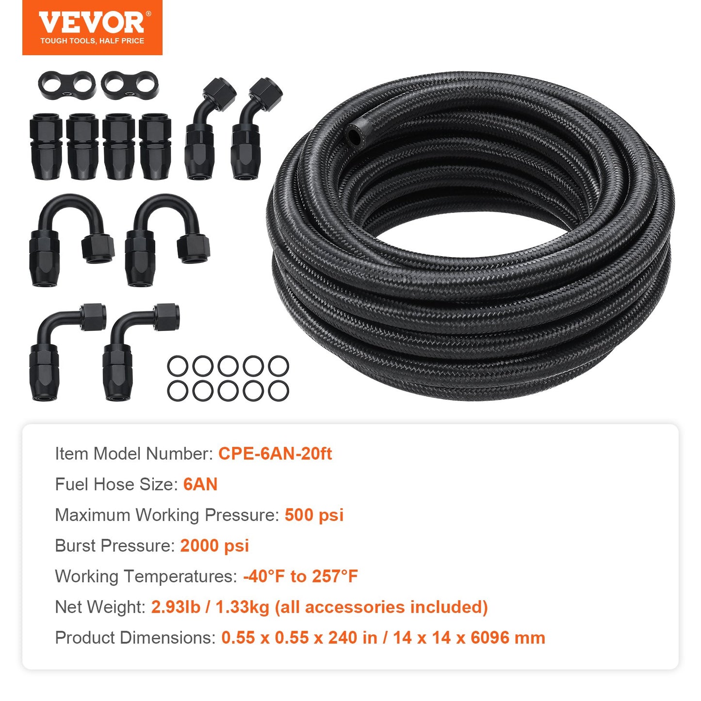 6AN Fuel Line Kit, 20 FT Fuel Hose Kit, 0.34 Inch Nylon, Stainless Steel Braided Fuel Line Kit for Oil/Gas/Diesel Hose End, with 12-ST Swivel Adapter Kit, Black