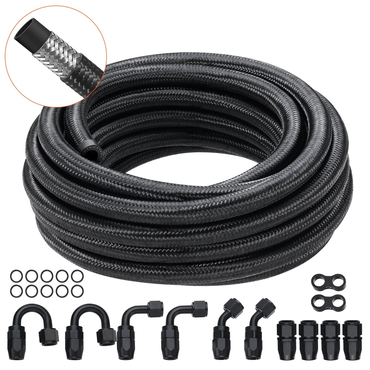6AN Fuel Line Kit, 20 FT Fuel Hose Kit, 0.34 Inch Nylon, Stainless Steel Braided Fuel Line Kit for Oil/Gas/Diesel Hose End, with 12-ST Swivel Adapter Kit, Black