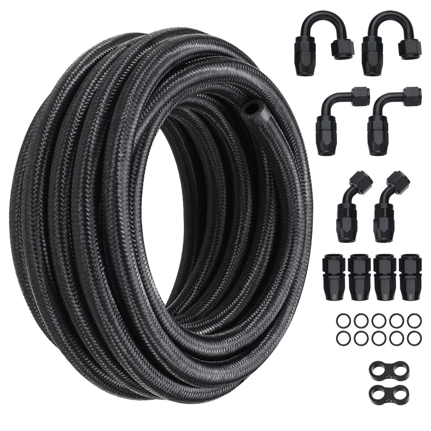 6AN Fuel Line Kit, 20 FT Fuel Hose Kit, 0.34 Inch Nylon, Stainless Steel Braided Fuel Line Kit for Oil/Gas/Diesel Hose End, with 12-ST Swivel Adapter Kit, Black