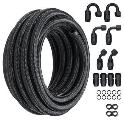 6AN Fuel Line Kit, 20 FT Fuel Hose Kit, 0.34 Inch Nylon, Stainless Steel Braided Fuel Line Kit for Oil/Gas/Diesel Hose End, with 12-ST Swivel Adapter Kit, Black