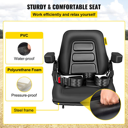 Universal Fold Down Forklift Seat with Retractable Safety Belt, Armrest,Adjustable Seat for Excavator, Forklift, Tractor, Skid Loader, Backhoe Dozer Telehandler