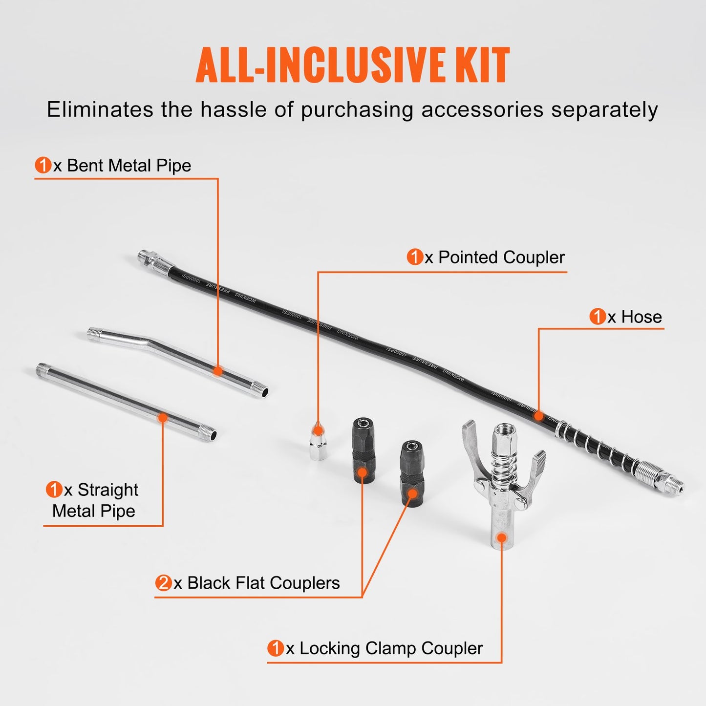 Air Operated Grease Gun, 6000PSI, 14 OZ/400 CC Capacity Heavy Duty Pneumatic Grease Gun, with 18.5 Inch Flexible Hose, 1 Black Flat Coupler Pointed Coupler Bent Metal Pipe Locking Clamp Coupler