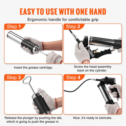 Air Operated Grease Gun, 6000PSI, 14 OZ/400 CC Capacity Heavy Duty Pneumatic Grease Gun, with 18.5 Inch Flexible Hose, 1 Black Flat Coupler Pointed Coupler Bent Metal Pipe Locking Clamp Coupler