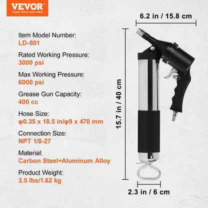 Air Operated Grease Gun, 6000PSI, 14 OZ/400 CC Capacity Heavy Duty Pneumatic Grease Gun, with 18.5 Inch Flexible Hose, 1 Black Flat Coupler Pointed Coupler Bent Metal Pipe Locking Clamp Coupler