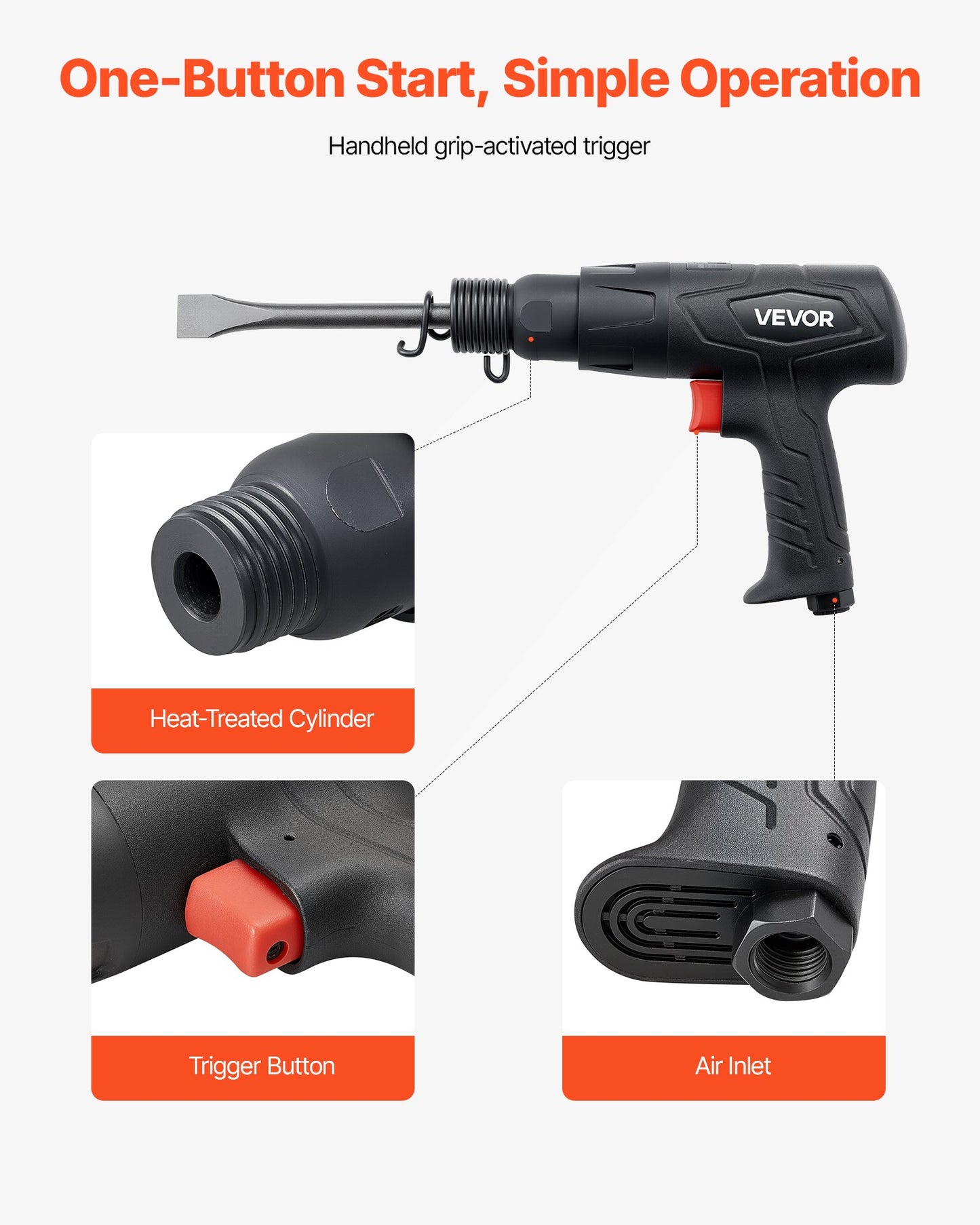 Air Hammer, 2500-2700BPM Pneumatic Hammer with 2.76-inch Stroke & 4PCS 6.7" Long Barrel Chisels, Pistol-Grip Compact Air Chisel Pneumatic Shovel Tool for Cutting Scraping Demolishing