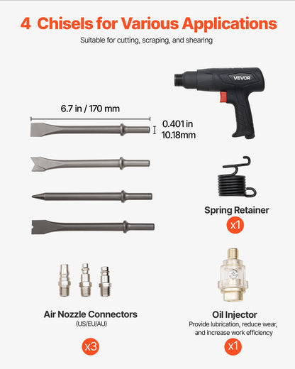 Air Hammer, 2500-2700BPM Pneumatic Hammer with 2.76-inch Stroke & 4PCS 6.7" Long Barrel Chisels, Pistol-Grip Compact Air Chisel Pneumatic Shovel Tool for Cutting Scraping Demolishing