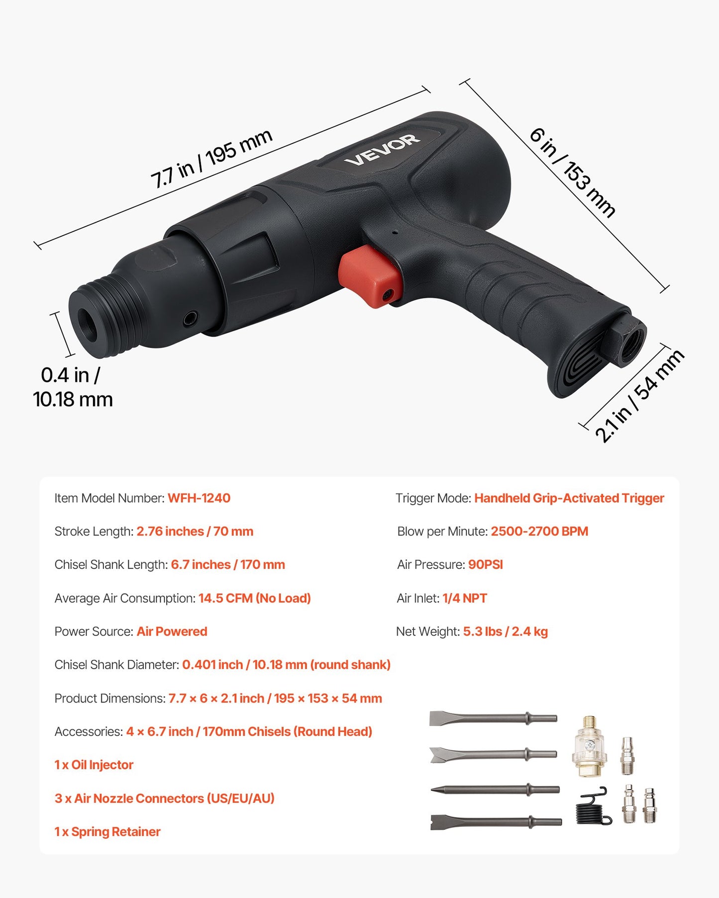 Air Hammer, 2500-2700BPM Pneumatic Hammer with 2.76-inch Stroke & 4PCS 6.7" Long Barrel Chisels, Pistol-Grip Compact Air Chisel Pneumatic Shovel Tool for Cutting Scraping Demolishing