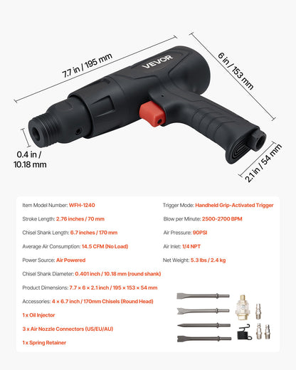 Air Hammer, 2500-2700BPM Pneumatic Hammer with 2.76-inch Stroke & 4PCS 6.7" Long Barrel Chisels, Pistol-Grip Compact Air Chisel Pneumatic Shovel Tool for Cutting Scraping Demolishing