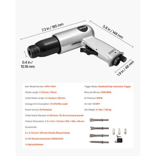 Drucklufthammer 3500 BPM 12 CFM Pneumatikhammer Drucklufthammer-Set mit 4 Meißeln | EU