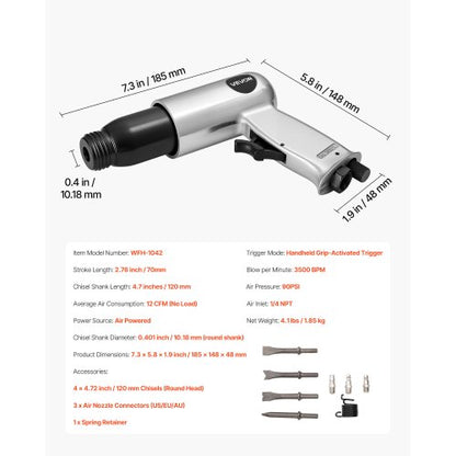 Drucklufthammer 3500 BPM 12 CFM Pneumatikhammer Drucklufthammer-Set mit 4 Meißeln | EU