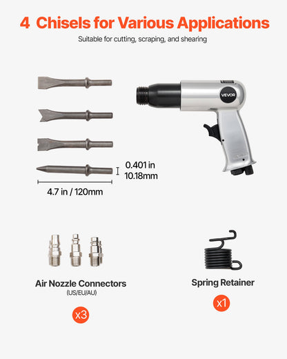 Air Hammer, 3500BPM Pneumatic Hammer with 2.76 inch Stroke & 4PCS Chisels Round Shank, Pistol-Grip Compact Air Chisel Pneumatic Shovel Tool for Cutting Punching Scraping