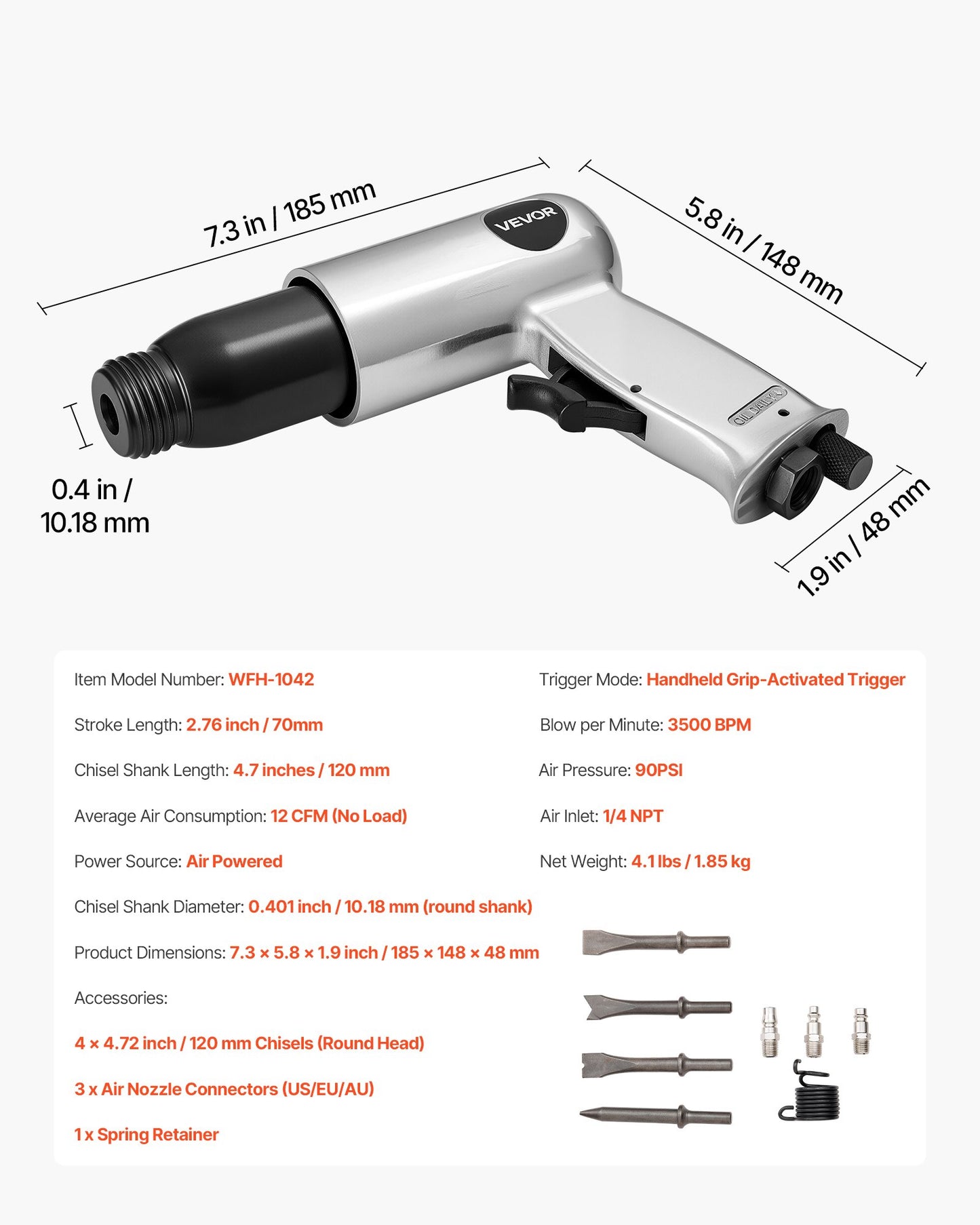 Air Hammer, 3500BPM Pneumatic Hammer with 2.76 inch Stroke & 4PCS Chisels Round Shank, Pistol-Grip Compact Air Chisel Pneumatic Shovel Tool for Cutting Punching Scraping