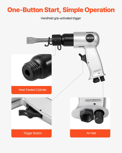 Air Hammer, 4500BPM Pneumatic Hammer with 1.57-inch Stroke & 4PCS Chisels Round Shank, Lightweight & Compact Air Chisel Pneumatic Shovel Tool for Cutting Punching Scraping