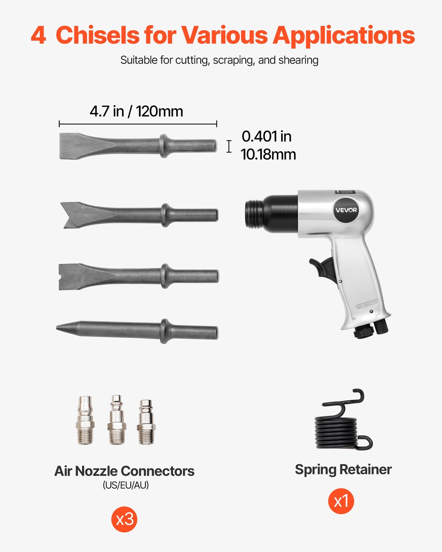 Air Hammer, 4500BPM Pneumatic Hammer with 1.57-inch Stroke & 4PCS Chisels Round Shank, Lightweight & Compact Air Chisel Pneumatic Shovel Tool for Cutting Punching Scraping