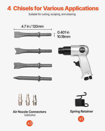 Air Hammer, 4500BPM Pneumatic Hammer with 1.57-inch Stroke & 4PCS Chisels Round Shank, Lightweight & Compact Air Chisel Pneumatic Shovel Tool for Cutting Punching Scraping