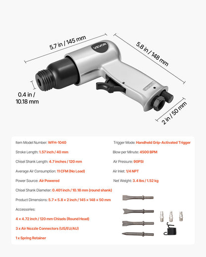 Air Hammer, 4500BPM Pneumatic Hammer with 1.57-inch Stroke & 4PCS Chisels Round Shank, Lightweight & Compact Air Chisel Pneumatic Shovel Tool for Cutting Punching Scraping