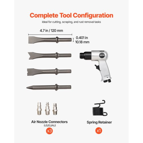 Drucklufthammer 4500 BPM Pneumatischer Hammer mit Luftnadelreiniger und 4 Meißeln | EU