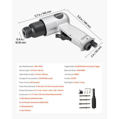 Drucklufthammer 4500 BPM Pneumatischer Hammer mit Luftnadelreiniger und 4 Meißeln | EU