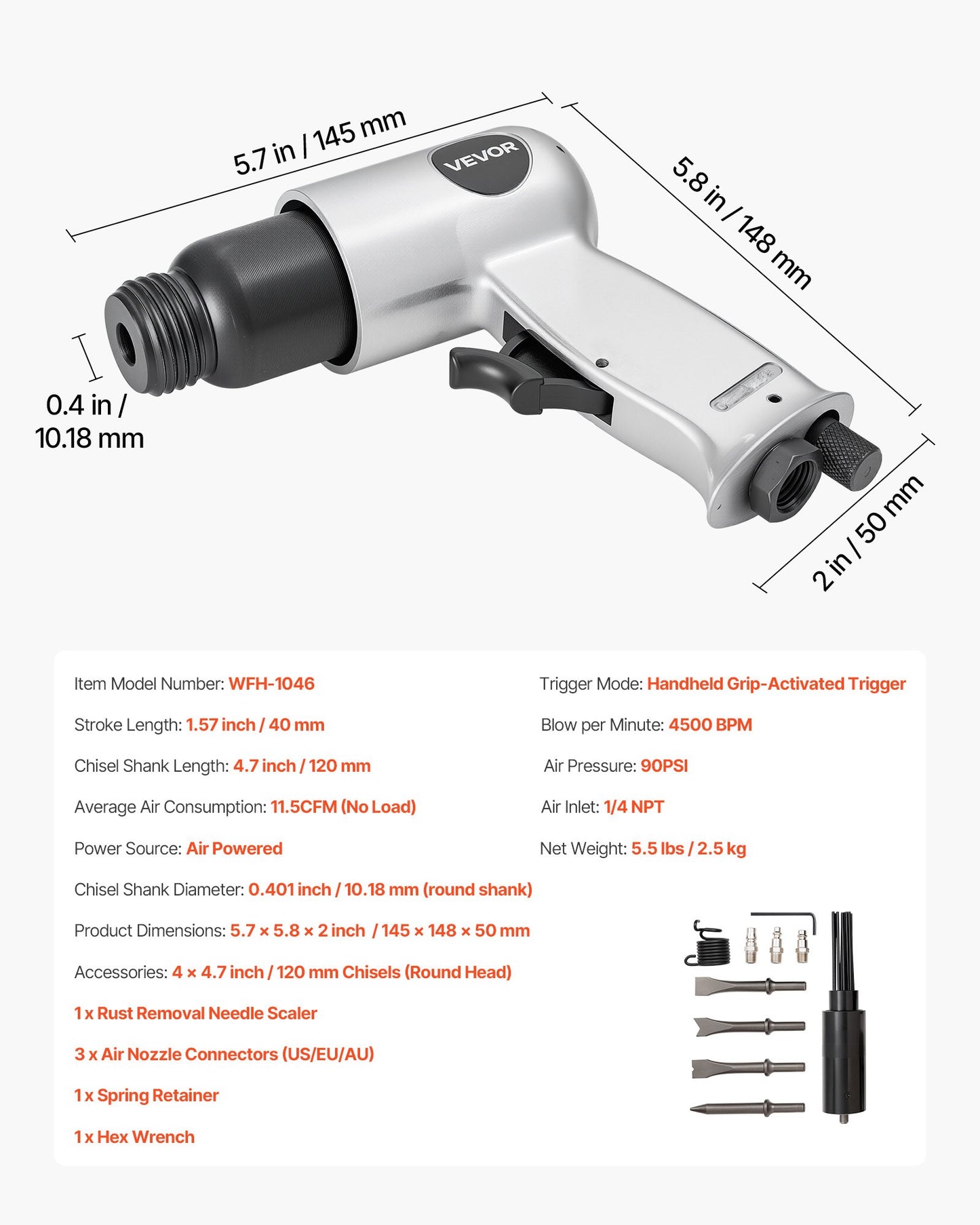 Air Hammer, 4500BPM Pneumatic Hammer with Rust Removal Air Needle Scaler & 4PCS Chisels Round Shank, Lightweight & Compact Air Chisel Pneumatic Shovel Tool for Cutting Scraping Demolishing