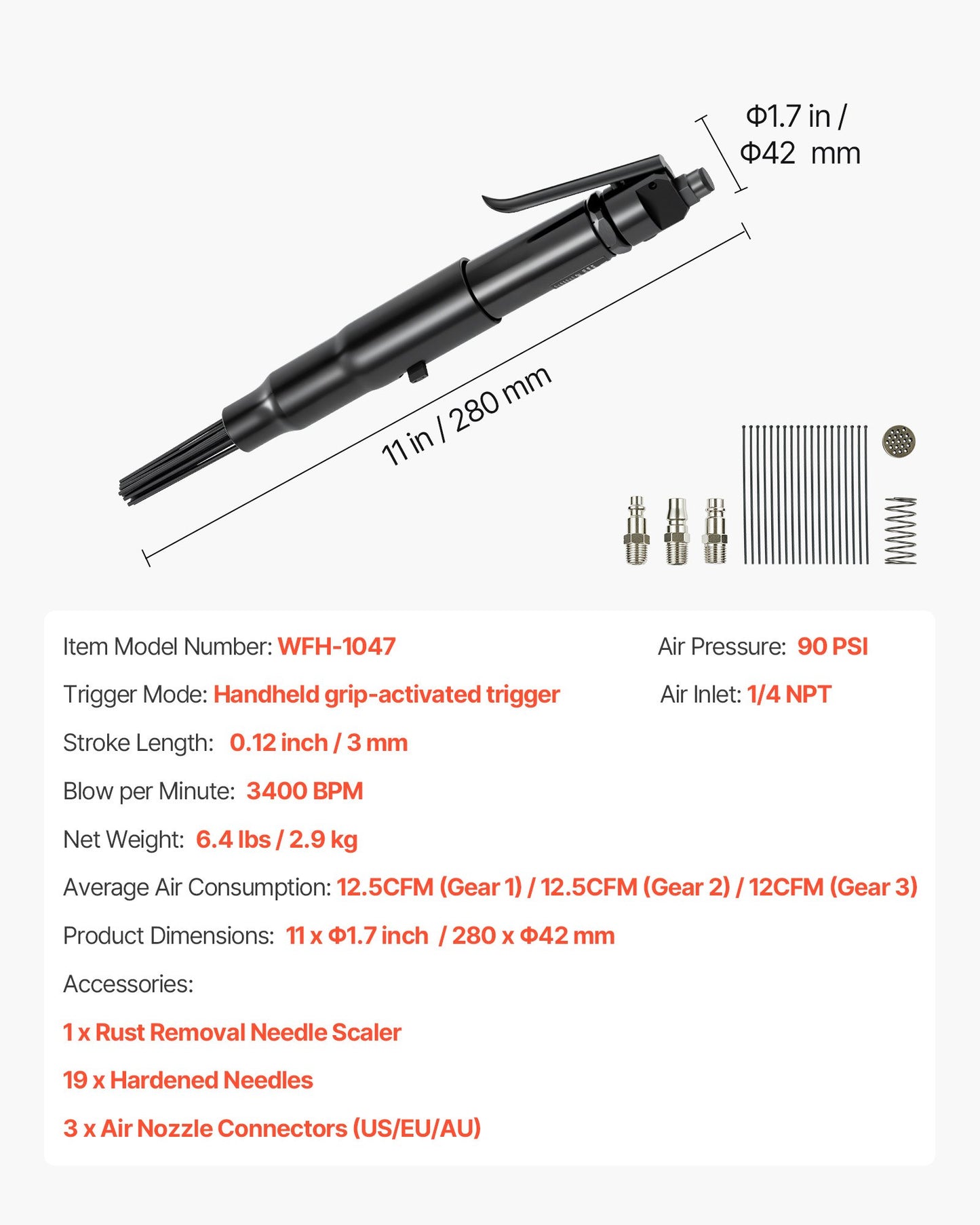 Air Needle Scaler, 3400BPM Pneumatic Scaler for Rust Paint Removal - with 3-Speed Adjustment, 19 Hardened Needles & 3 Air Nozzle Connectors - Lightweight, Compact & Ergonomic Grip