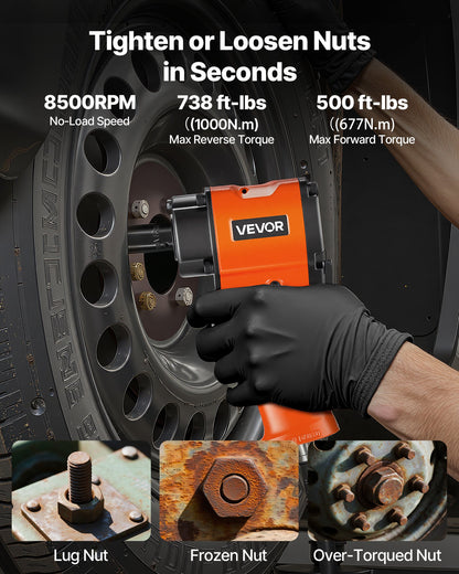 1/2-Inch Air Impact Wrench, Up to 738 ft-lbs Nut-busting Torque, Stubby Size & Lightweight Pneumatic Impact Gun for Auto Repairs and Maintenance