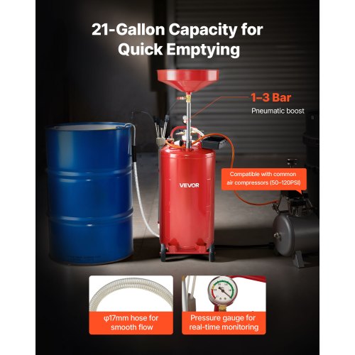 79,5L spilloljeavtappningstank, luftdriven bärbar oljetömningstank med justerbar tratthöjd, industriell vätskeavtappningstank med hjul, dränering för vätskeöverföring av bränsle för bilverkstäder, röd |  EU
