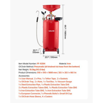 79,5L spilloljeavtappningstank, luftdriven bärbar oljetömningstank med justerbar tratthöjd, industriell vätskeavtappningstank med hjul, dränering för vätskeöverföring av bränsle för bilverkstäder, röd |  EU