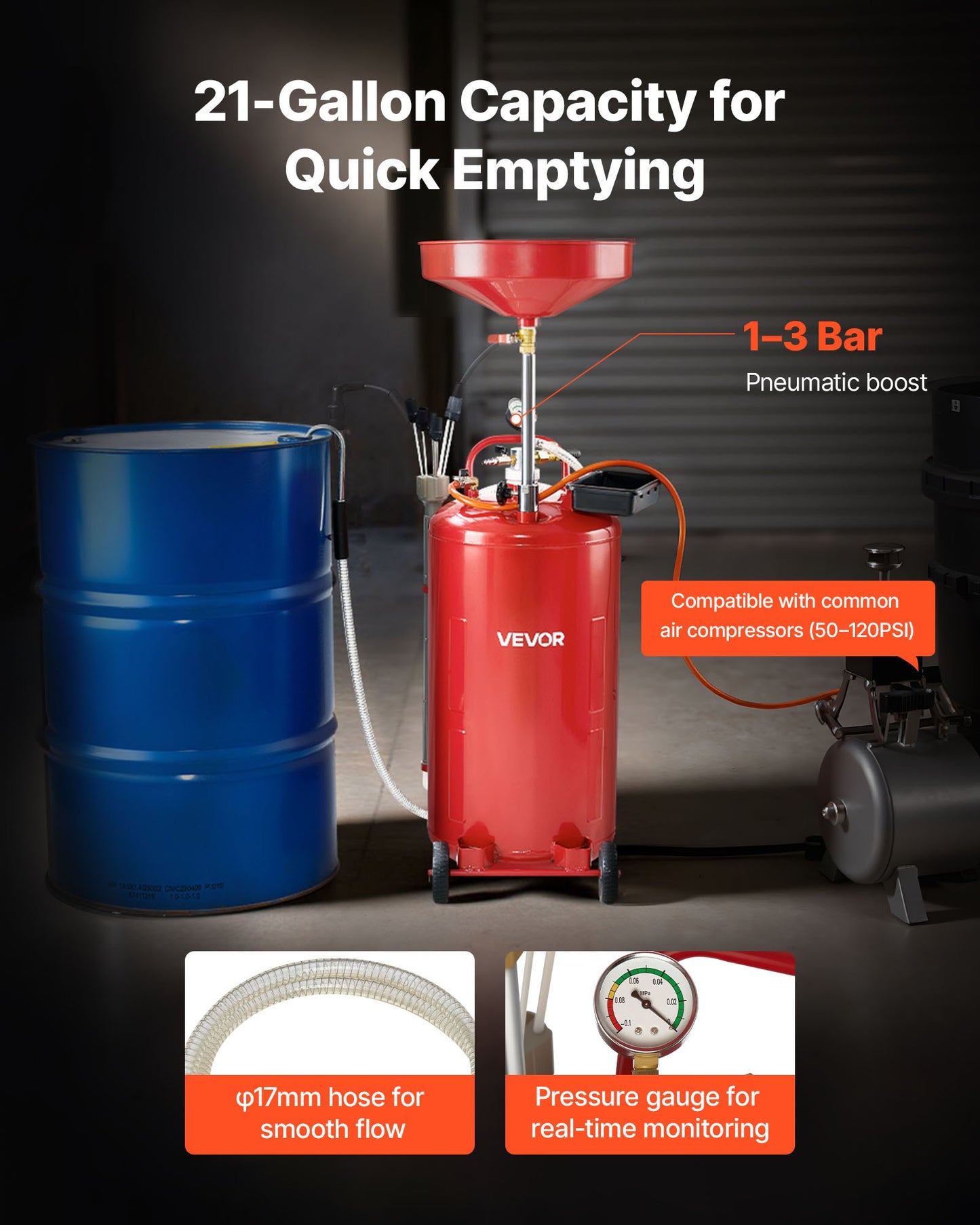 21 Gallon Waste Oil Drain Tank, Air Operated Portable Oil Drainer with Adjustable Funnel Height, Industrial Fluid Drain Tank with Wheels, Fluid Fuel Transfer Drainage for Auto Repair Shops, Red