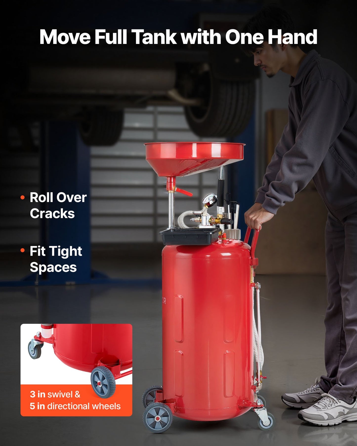 21 Gallon Waste Oil Drain Tank, Air Operated Portable Oil Drainer with Adjustable Funnel Height, Industrial Fluid Drain Tank with Wheels, Fluid Fuel Transfer Drainage for Auto Repair Shops, Red