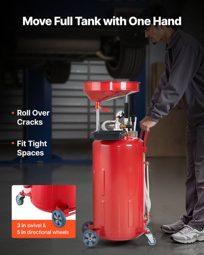 21 Gallon Waste Oil Drain Tank, Air Operated Portable Oil Drainer with Adjustable Funnel Height, Industrial Fluid Drain Tank with Wheels, Fluid Fuel Transfer Drainage for Auto Repair Shops, Red