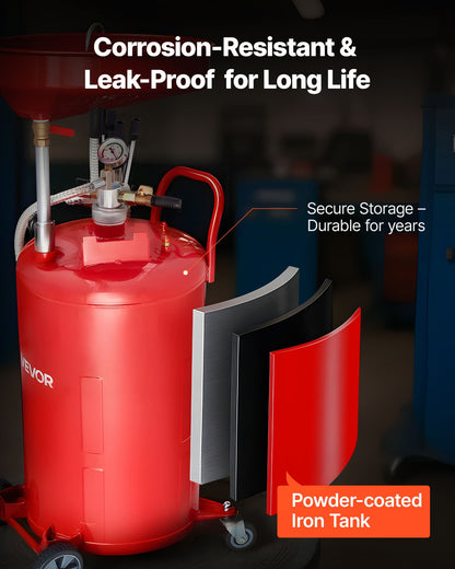 21 Gallon Waste Oil Drain Tank, Air Operated Portable Oil Drainer with Adjustable Funnel Height, Industrial Fluid Drain Tank with Wheels, Fluid Fuel Transfer Drainage for Auto Repair Shops, Red