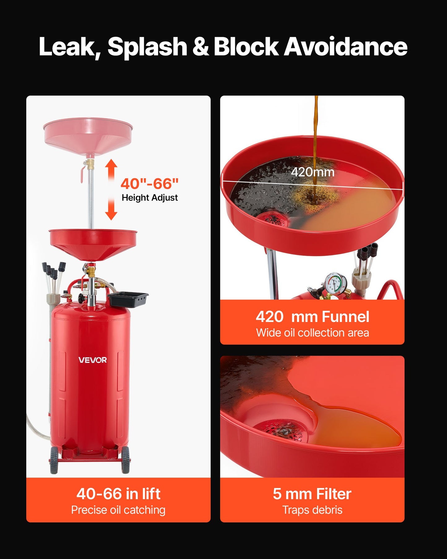 21 Gallon Waste Oil Drain Tank, Air Operated Portable Oil Drainer with Adjustable Funnel Height, Industrial Fluid Drain Tank with Wheels, Fluid Fuel Transfer Drainage for Auto Repair Shops, Red
