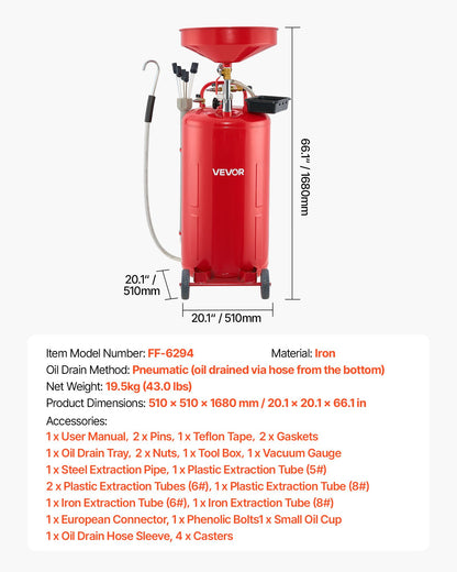 21 Gallon Waste Oil Drain Tank, Air Operated Portable Oil Drainer with Adjustable Funnel Height, Industrial Fluid Drain Tank with Wheels, Fluid Fuel Transfer Drainage for Auto Repair Shops, Red