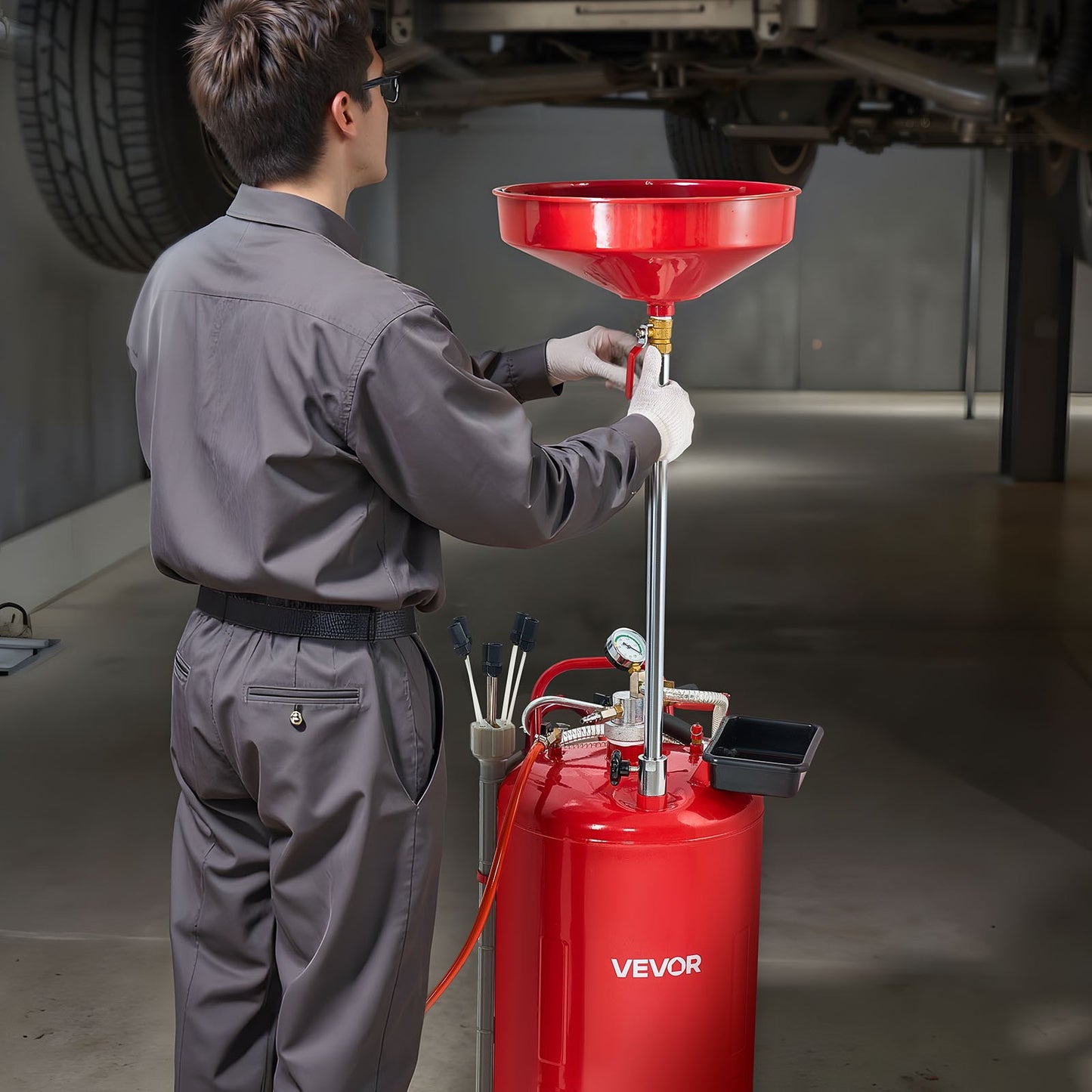 21 Gallon Waste Oil Drain Tank, Air Operated Portable Oil Drainer with Adjustable Funnel Height, Industrial Fluid Drain Tank with Wheels, Fluid Fuel Transfer Drainage for Auto Repair Shops, Red