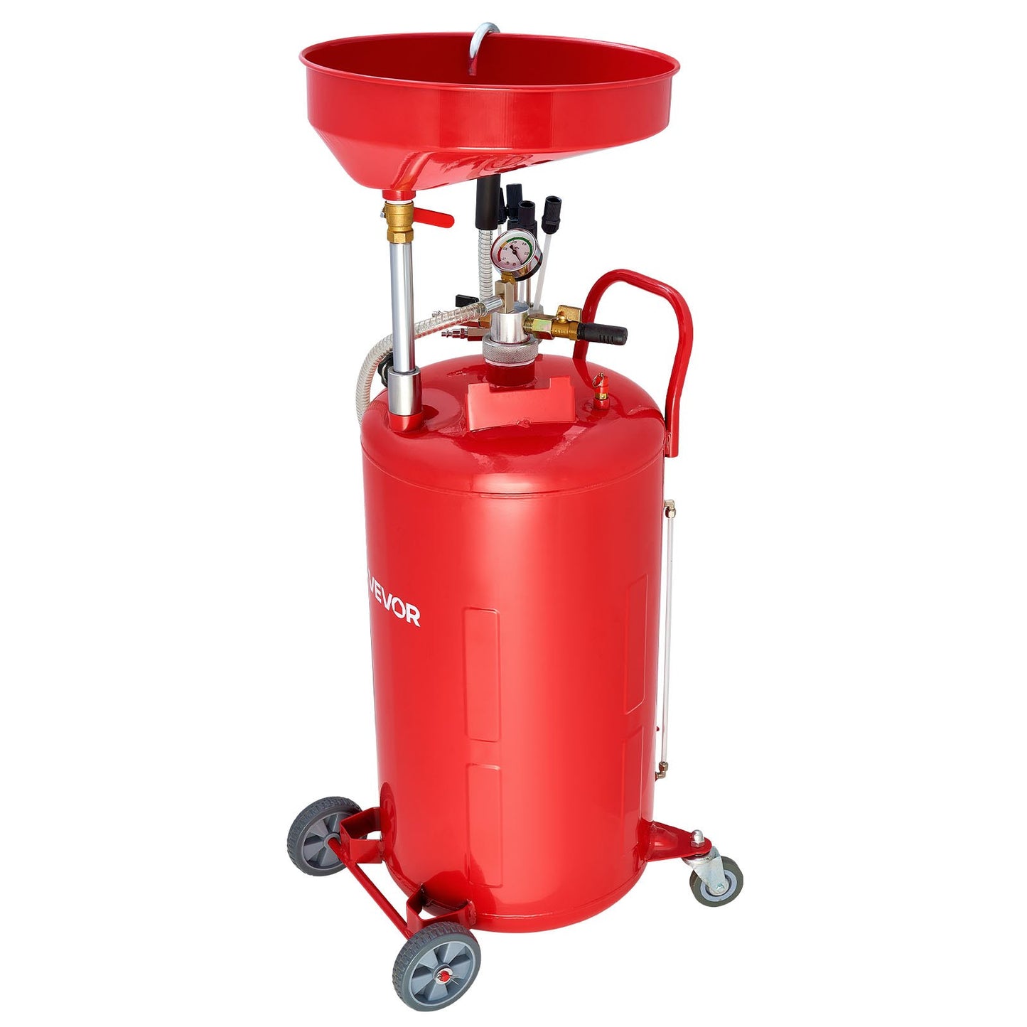 21 Gallon Waste Oil Drain Tank, Air Operated Portable Oil Drainer with Adjustable Funnel Height, Industrial Fluid Drain Tank with Wheels, Fluid Fuel Transfer Drainage for Auto Repair Shops, Red