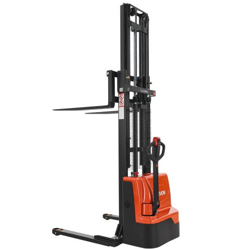 Full Electric Pallet Stacker, 3300 lbs Capacity, Pallet Lift Stacker Forklift with Straddle Legs & Forks, 127.6 Inches Lifting Height & 8.66-31.1 Inches Adjustable Fork Width, Orange & Black
