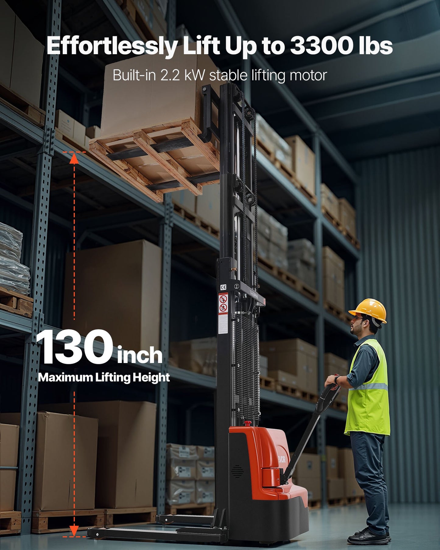 Full Electric Pallet Stacker, 3300 lbs Capacity, Pallet Lift Stacker Forklift with Straddle Legs & Forks, 127.6 Inches Lifting Height & 8.66-31.1 Inches Adjustable Fork Width, Orange & Black