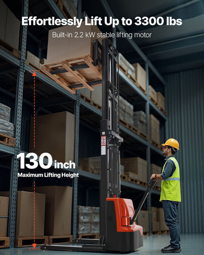 Full Electric Pallet Stacker, 3300 lbs Capacity, Pallet Lift Stacker Forklift with Straddle Legs & Forks, 127.6 Inches Lifting Height & 8.66-31.1 Inches Adjustable Fork Width, Orange & Black