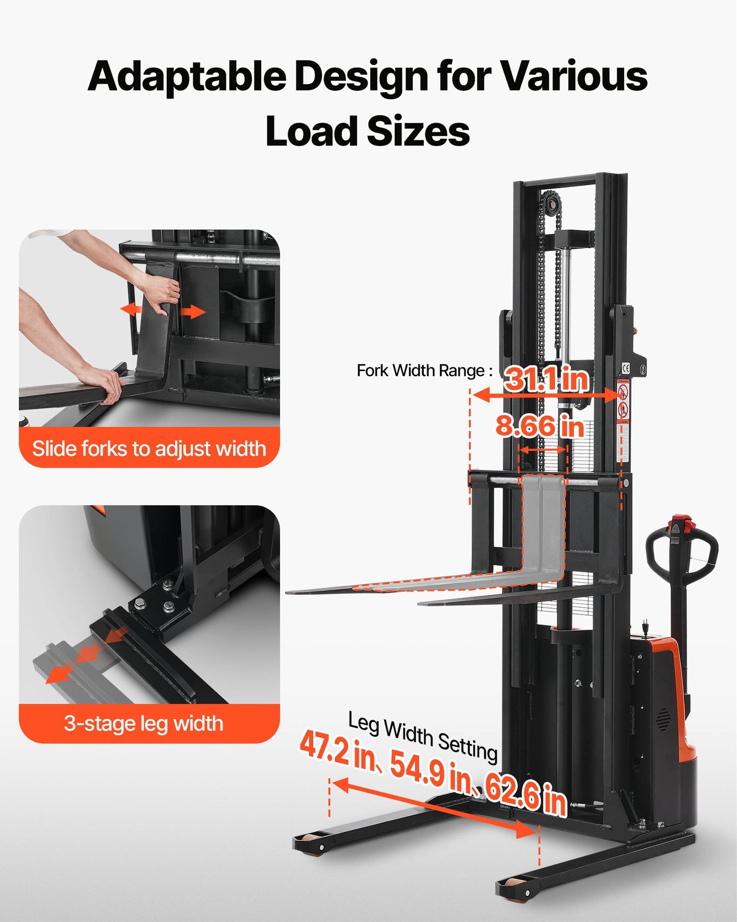 Full Electric Pallet Stacker, 3300 lbs Capacity, Pallet Lift Stacker Forklift with Straddle Legs & Forks, 127.6 Inches Lifting Height & 8.66-31.1 Inches Adjustable Fork Width, Orange & Black