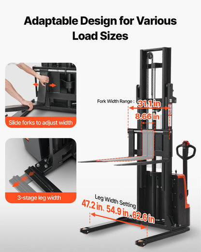Full Electric Pallet Stacker, 3300 lbs Capacity, Pallet Lift Stacker Forklift with Straddle Legs & Forks, 127.6 Inches Lifting Height & 8.66-31.1 Inches Adjustable Fork Width, Orange & Black